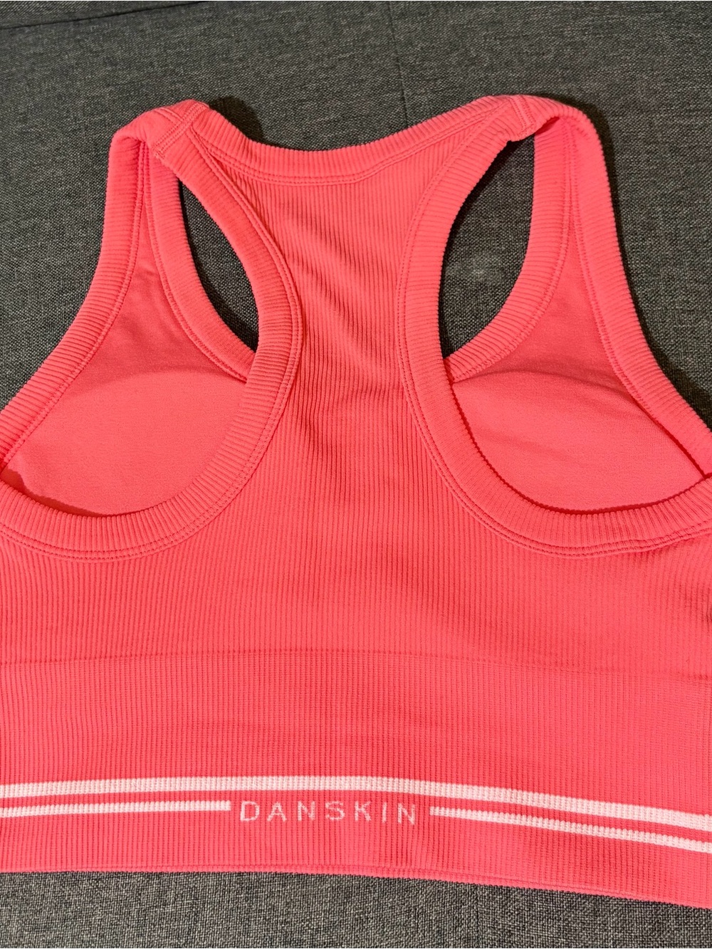 Danskin Coral Pink Ribbed Racerback Sports Bra, white tee with design